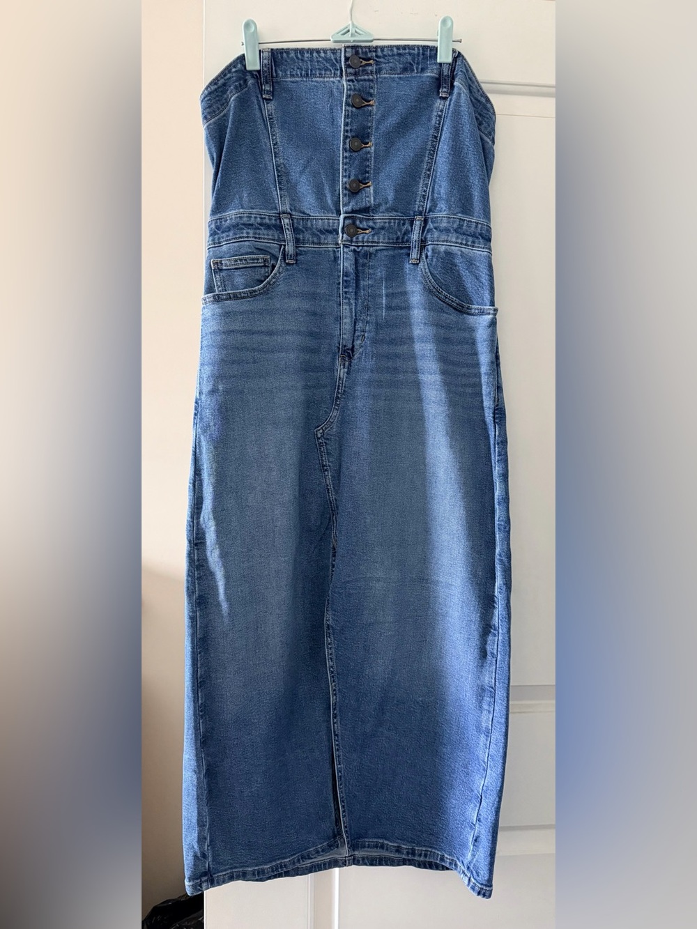 American Eagle Outfitters Strapless Blue Denim Maxi Dress